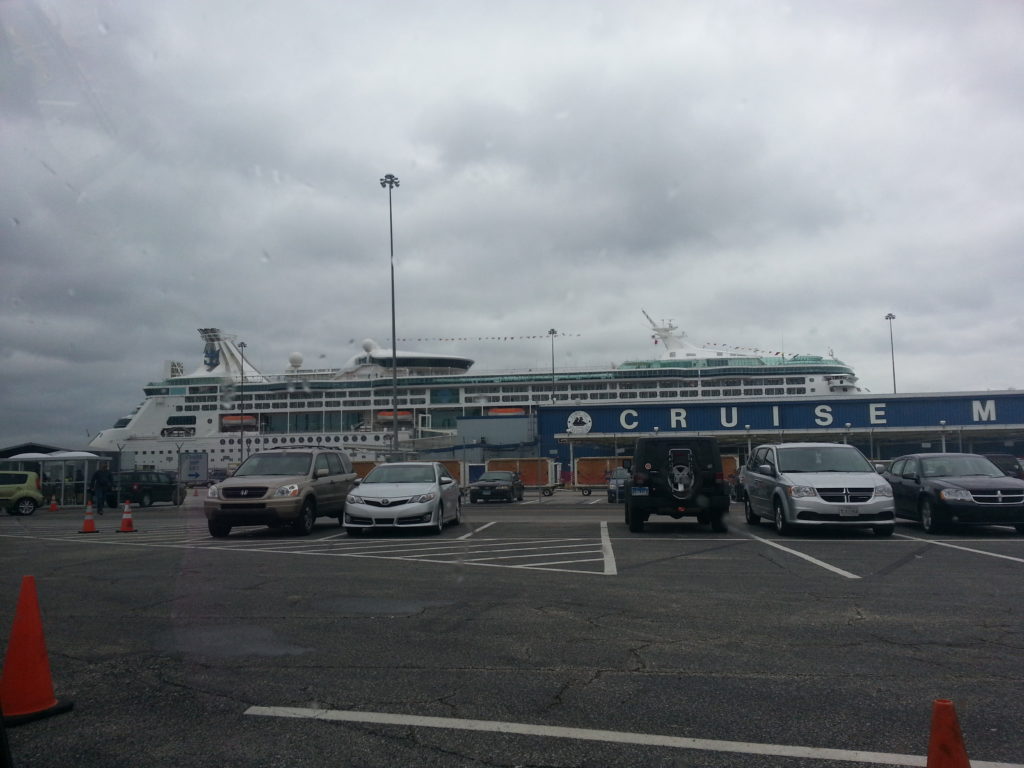 Excited! First spotting our ship on a rainy departure day in Baltimore.